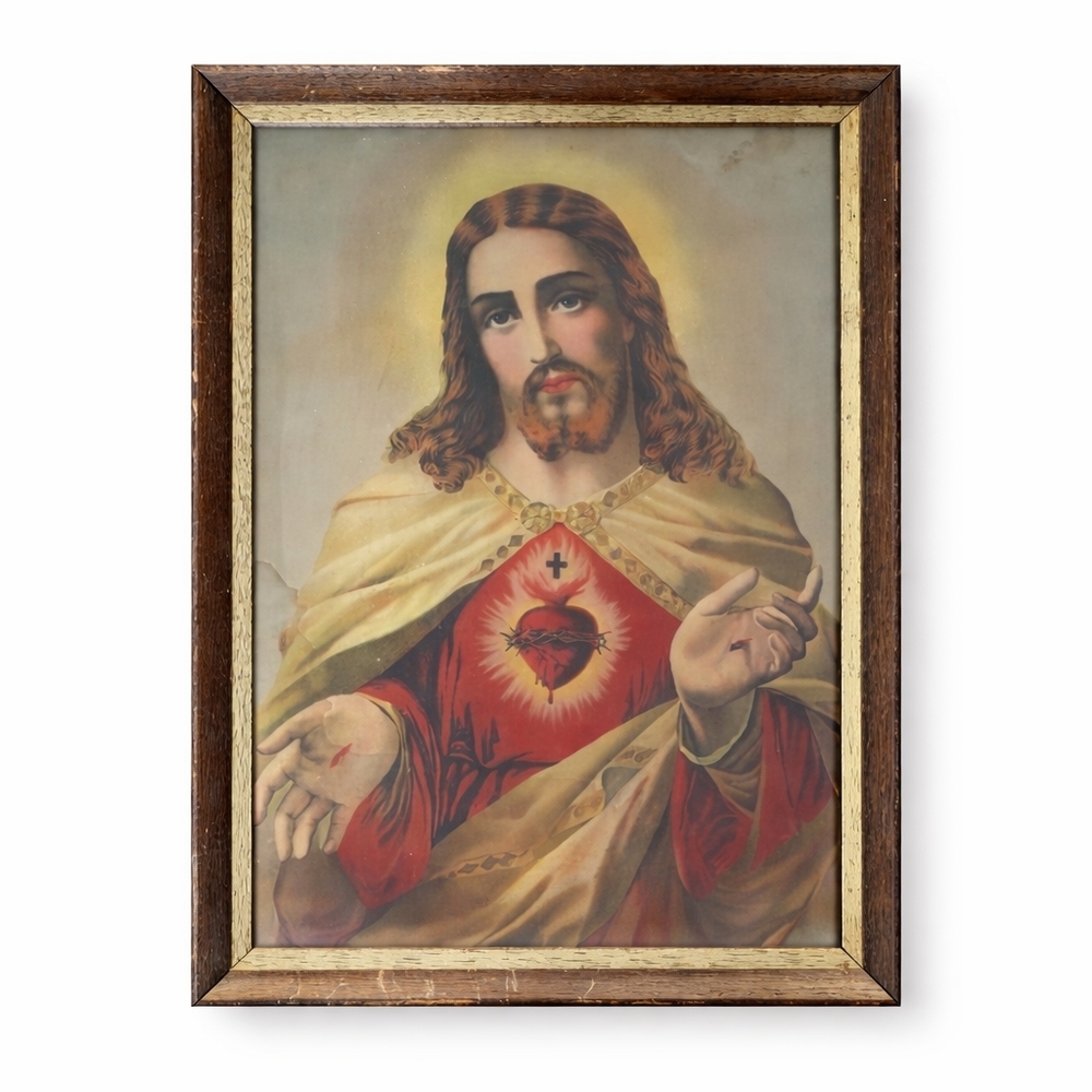 RARE VINTAGE ANTIQUE 1900s Sacred Heart Of Jesus In Frame